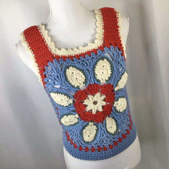 Hand Crafted Sweaters - Granny Square Sweater Vest Women's Small ? Handmade Crochet Knit Boho Hippie